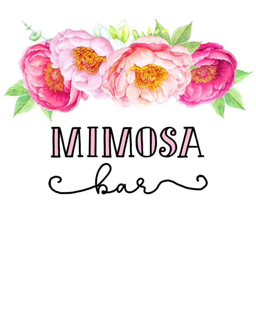 Printable Mom-osa Bar sign displayed at a baby shower brunch.