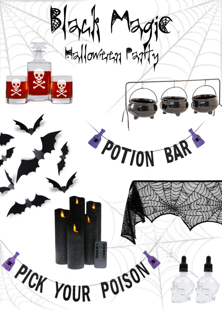 Moody Halloween vignette featuring candles, potion bottles, and gothic-inspired decor.
