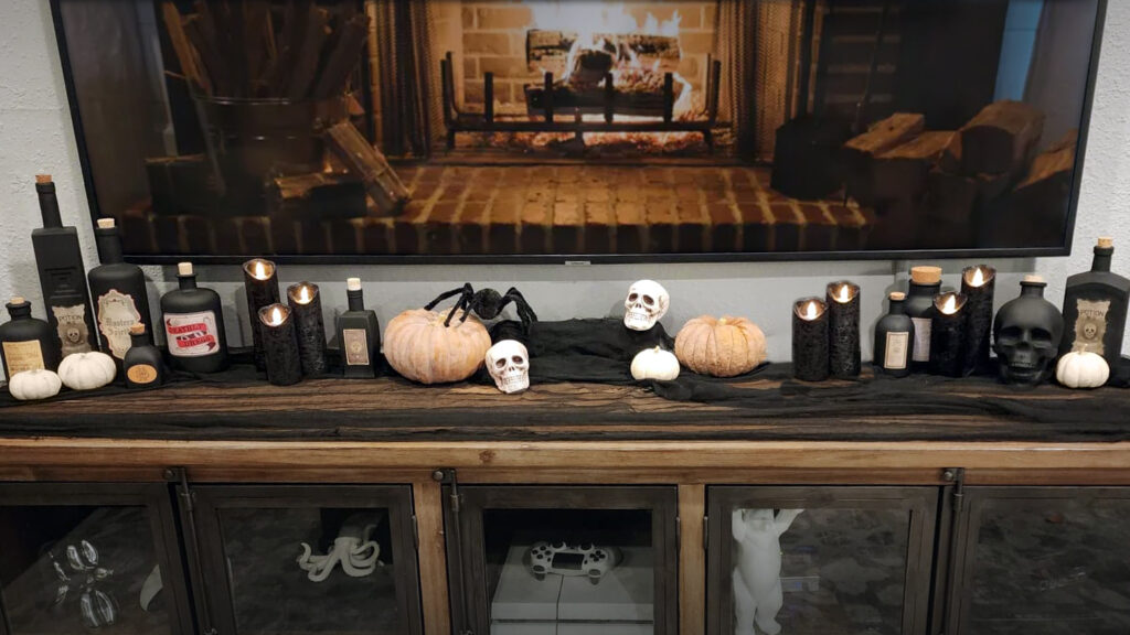 Mantle with spooky decor