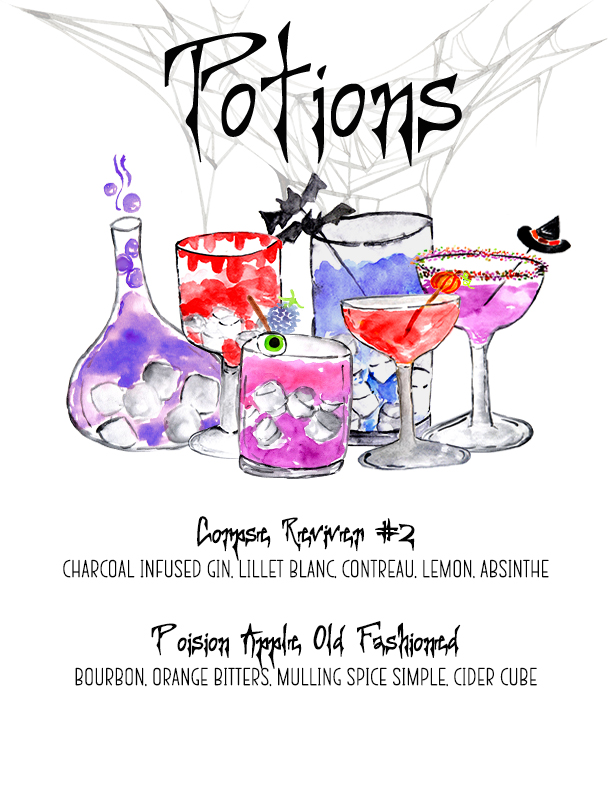 Custom Black Magic Halloween cocktail menu with themed drink names displayed at the bar.