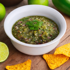 Roasted chile salsa verde served in a colorful ceramic bowl, garnished with fresh cilantro on a marble countertop