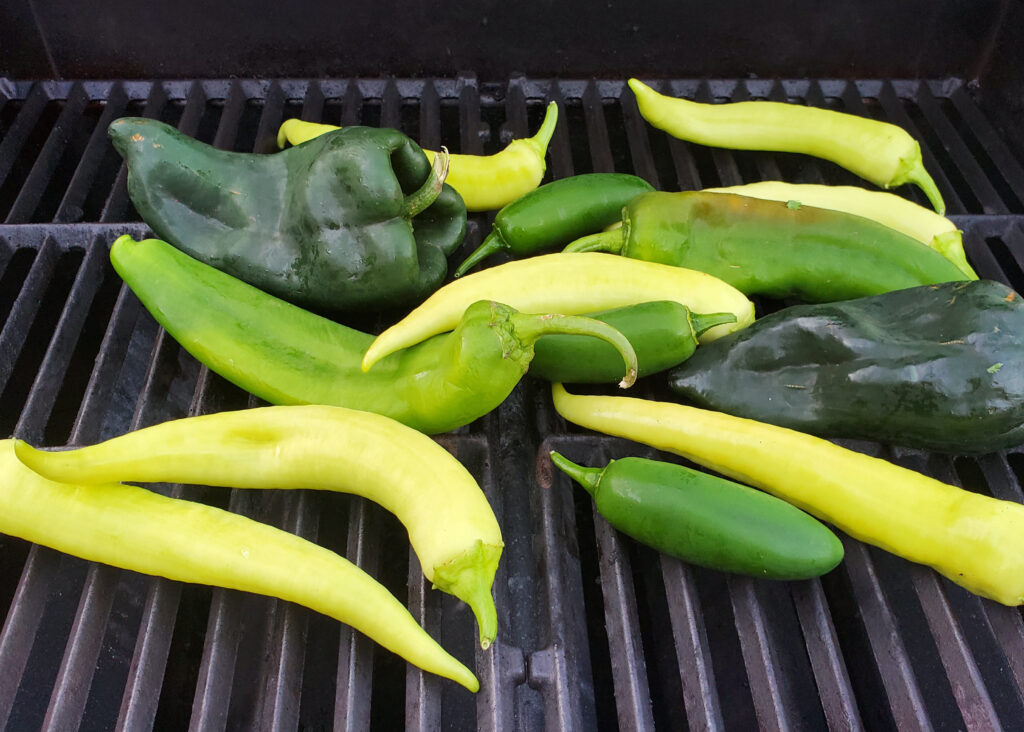 Assorted chiles and red onion grilling over high heat, developing char and smoky flavor for roasted salsa verde.