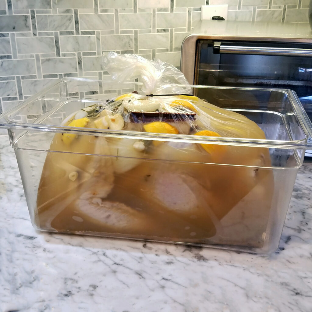 Raw turkey submerged in apple cider and citrus brine with herbs and spices.