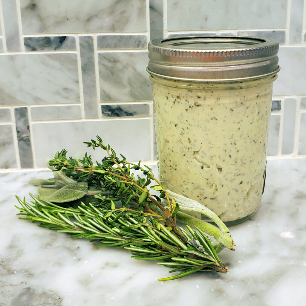 Herb compound butter made with fresh rosemary, thyme, sage, and garlic.