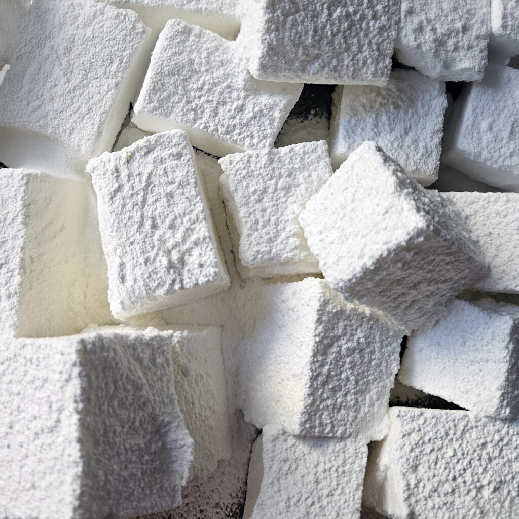 Freshly cut homemade marshmallows dusted with powdered sugar – clean edges and soft, pillowy texture.