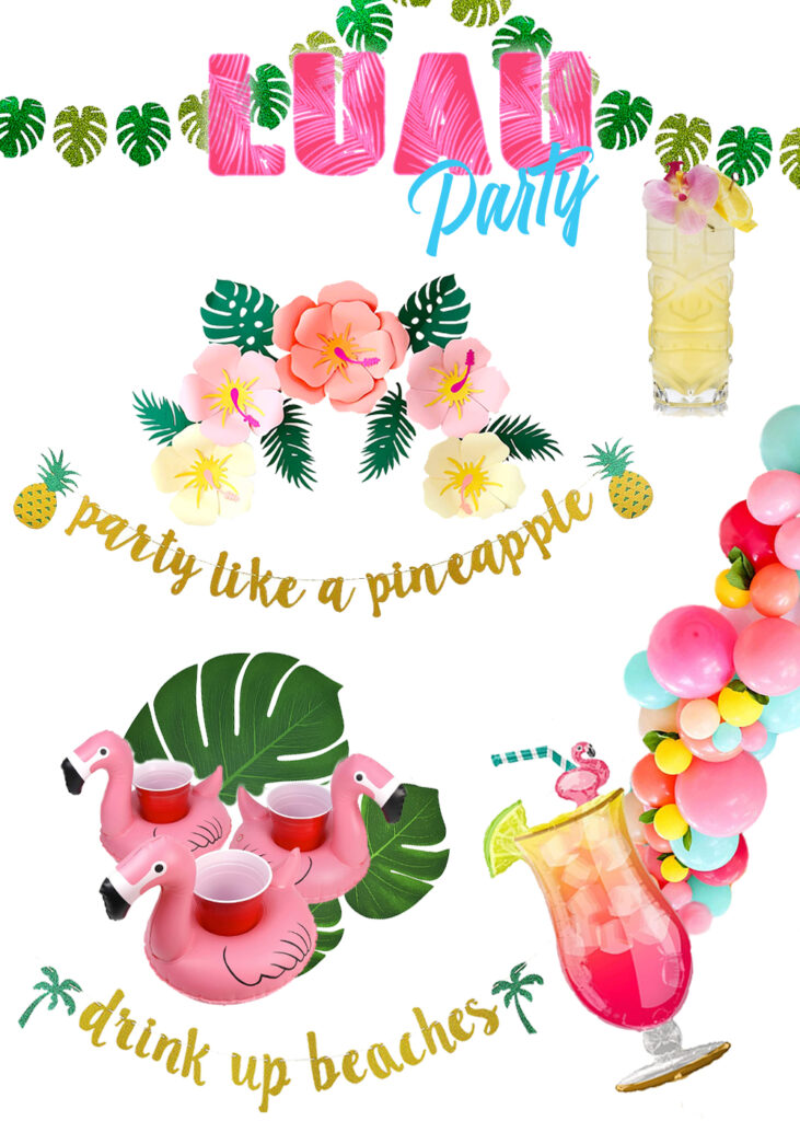 Luau party mood board featuring tropical colors, balloons, florals, and decor inspiration.
