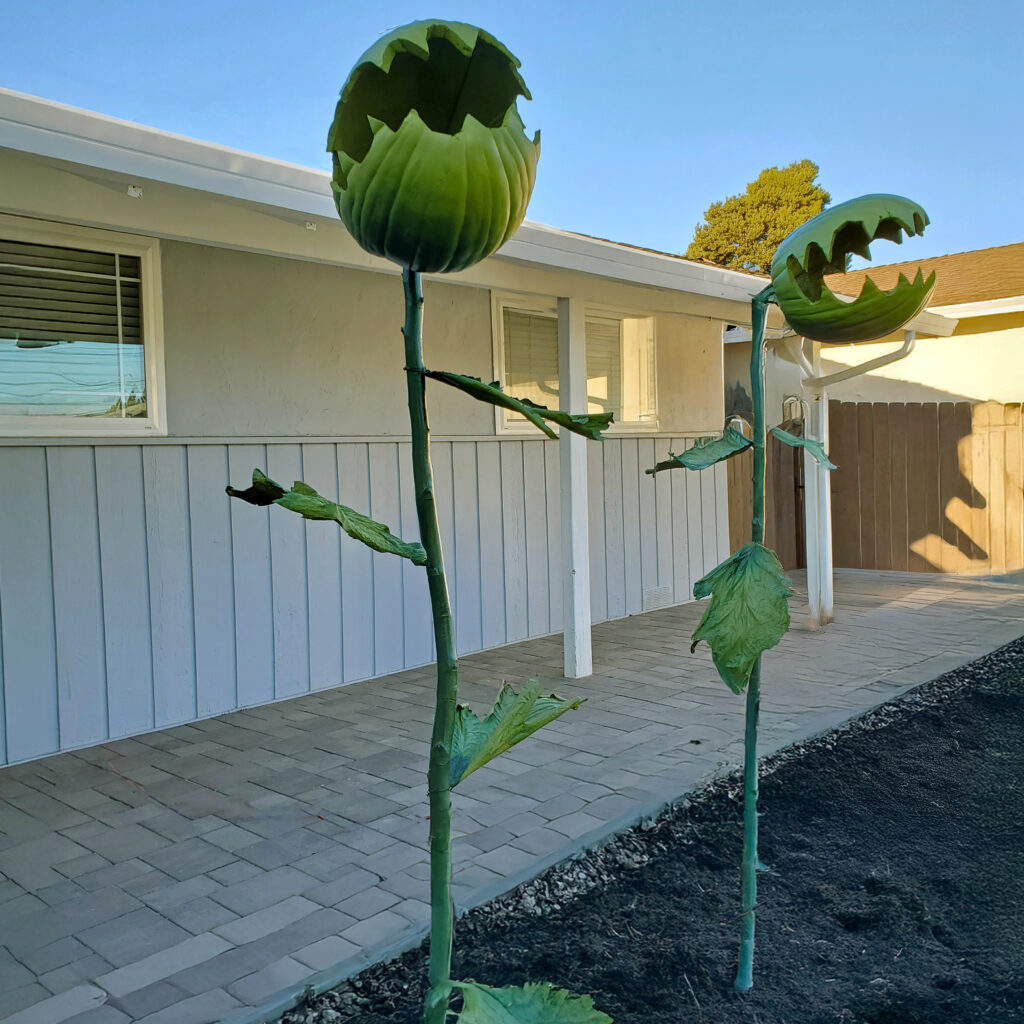 Two giant Venus fly trap decorations standing tall in a front yard, flanking a walkway like oversized carnivorous plants.
