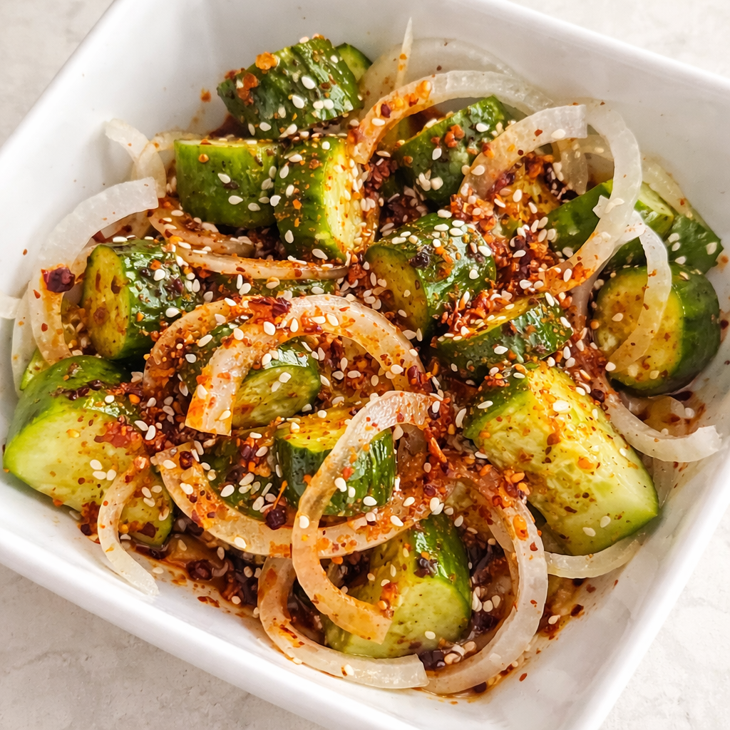 Close-up of cucumbers tossed in glossy chili crunch dressing with visible sesame oil and red chili flakes.