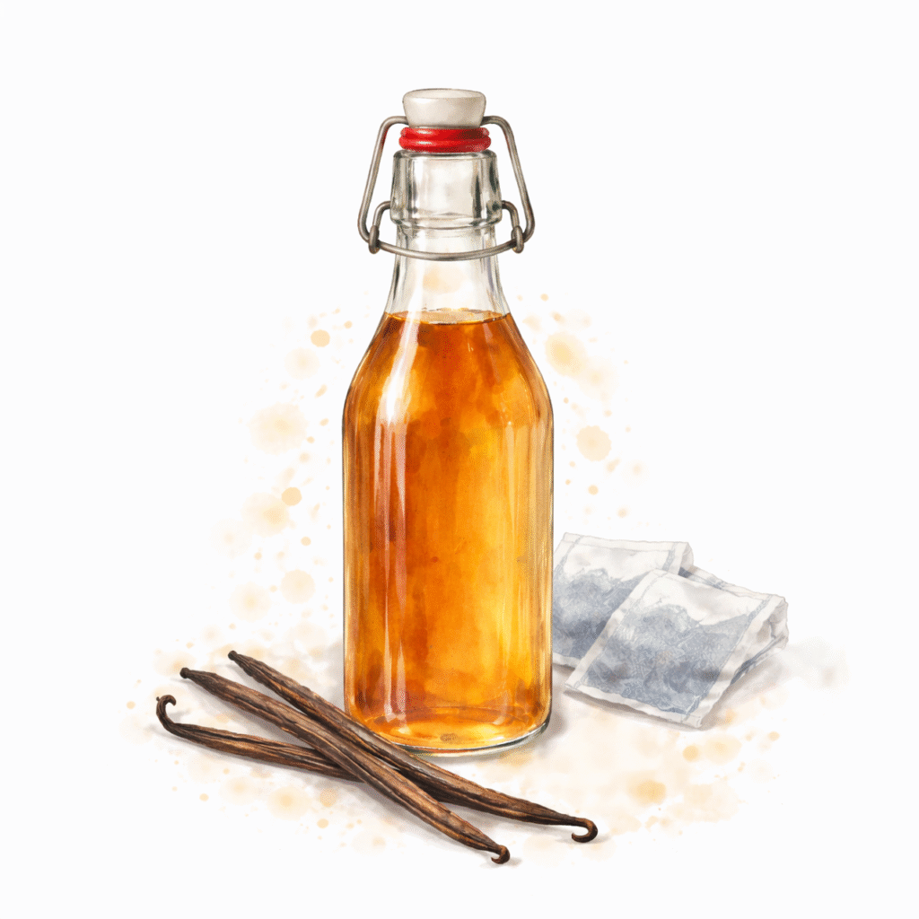 Earl Grey tea bags and a split vanilla bean steeping in warm simple syrup.