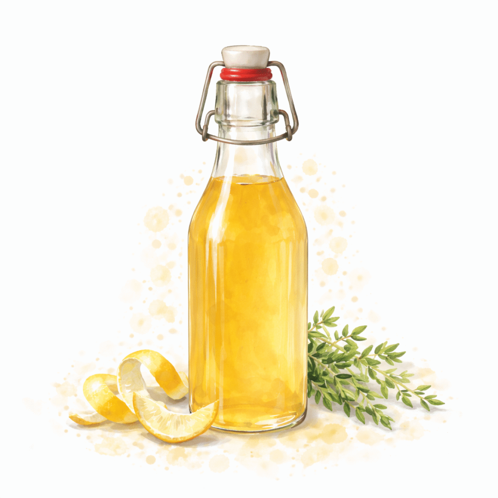 Fresh lemon peels and thyme sprigs next to a bottle of lemon thyme simple syrup.