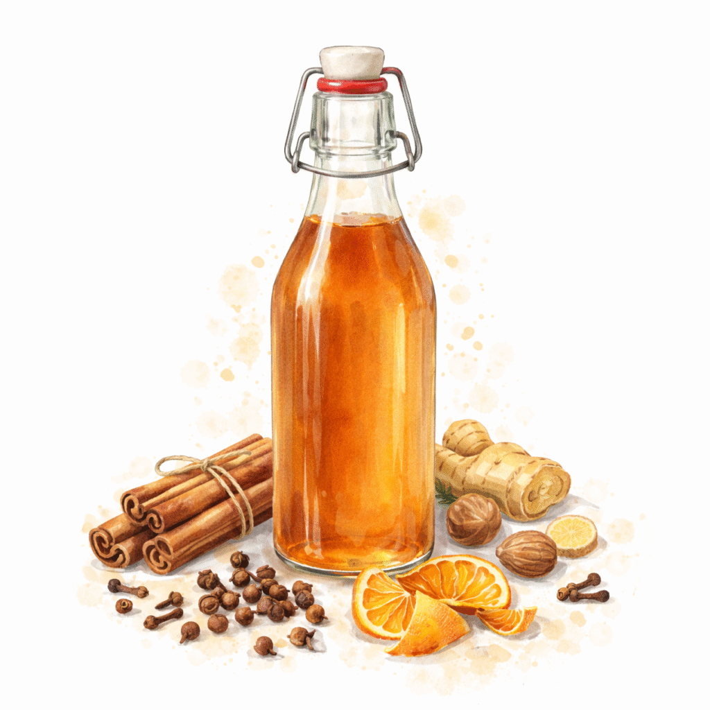 Mulling spice simple syrup with cinnamon sticks, cloves, and dried orange peel beside the bottle.